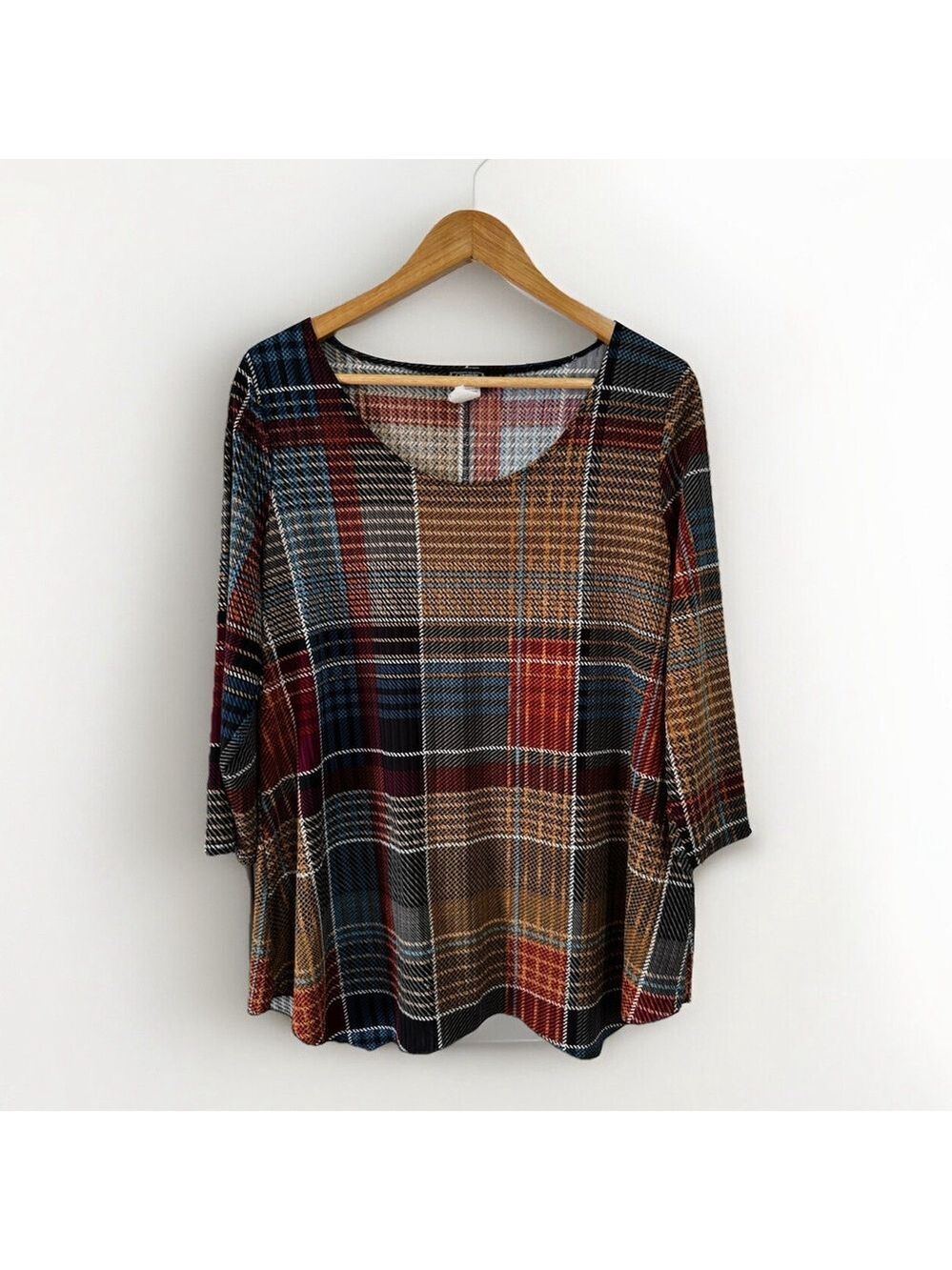 Clientel Plaid Liquid Knit Long Sleeves Size Large Round Neck
